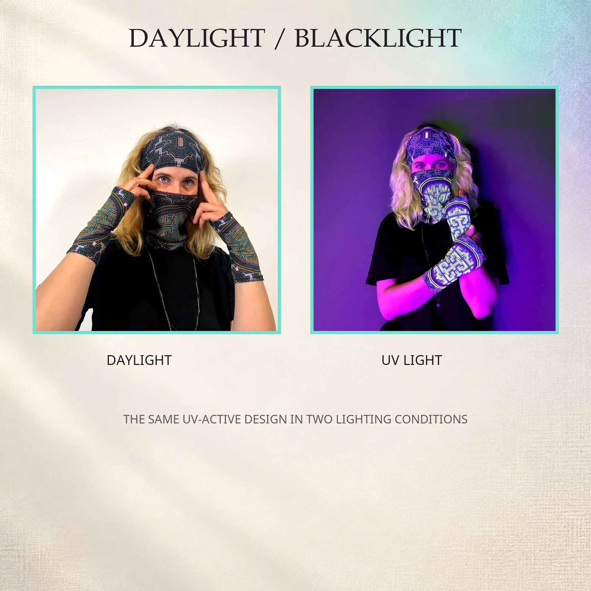 SHIPIBO UV neck gaiter and matching wristlets under daylight and blacklight